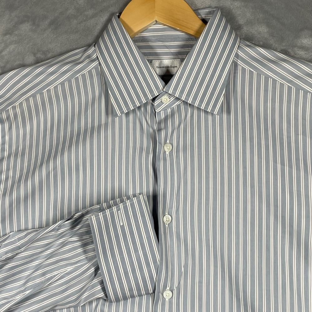 Ermenegildo Zegna Mens Striped Dress Shirt Blue White French Cuff Size 17 43
